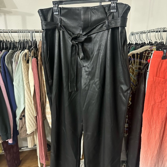 Dkny Pants - DKNY Black Tie-Waist Faux Leather Pants